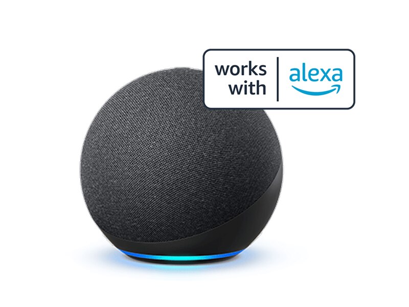 Amazon Echo smart speaker representing Alexa voice assistant. 