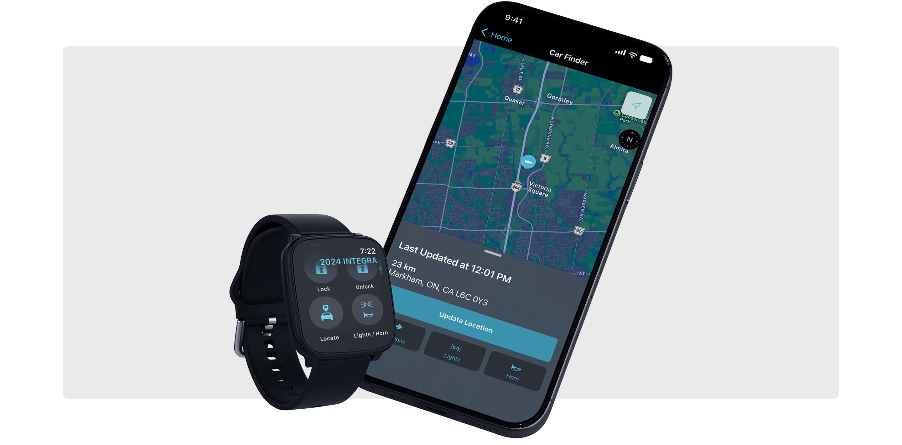Smartphone and smartwatch depicting the AcuraLink app. 