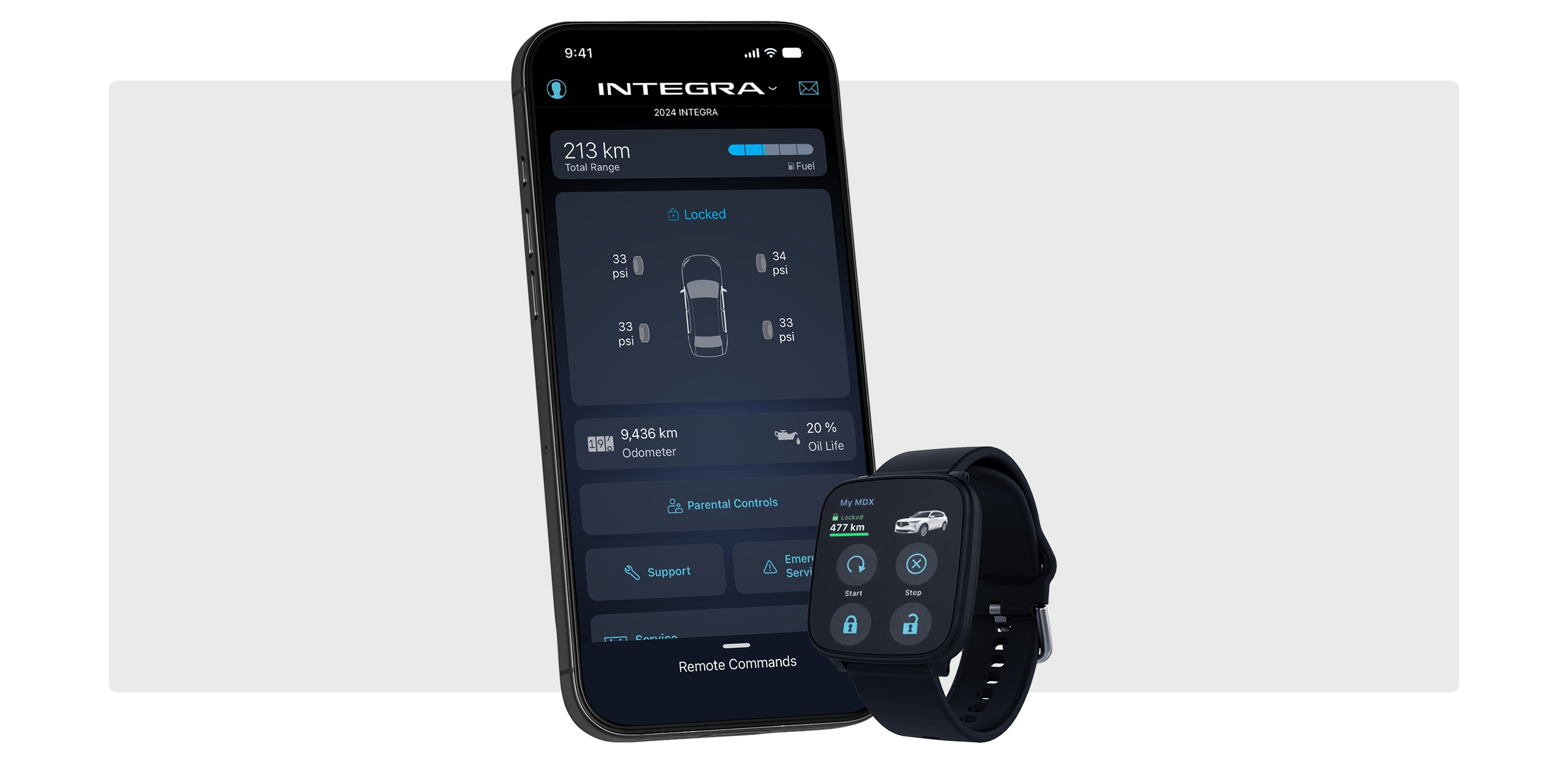 Smartphone and smartwatch depicting the AcuraLink app.