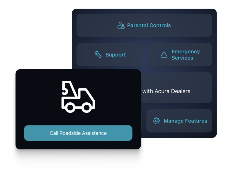 Screencapture of AcuraLink app demonstrating roadside assistance. 