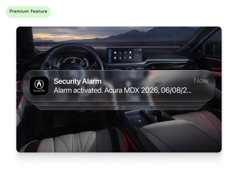 Capture d’écran de l’application AcuraLink montrant une notification d’alerte de sécurité.