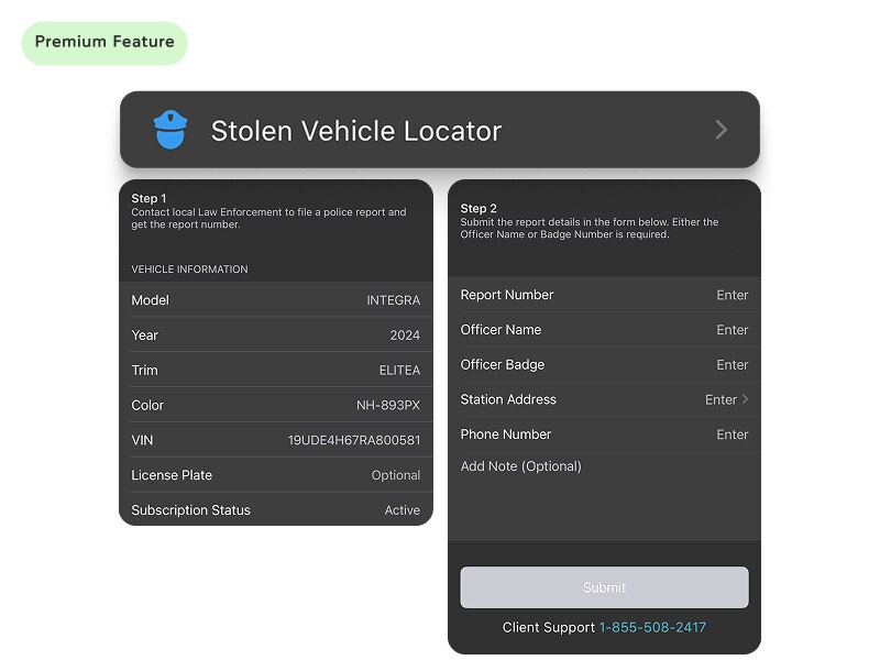 Screencapture of AcuraLink app demonstrating stolen vehicle service. 