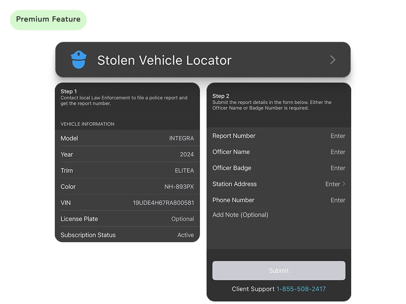 Screencapture of AcuraLink app demonstrating stolen vehicle service.