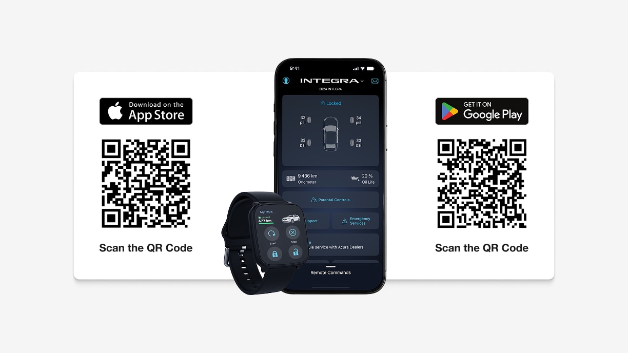Un téléphone intelligent et une montre intelligente présentant l’application AcuraLink.