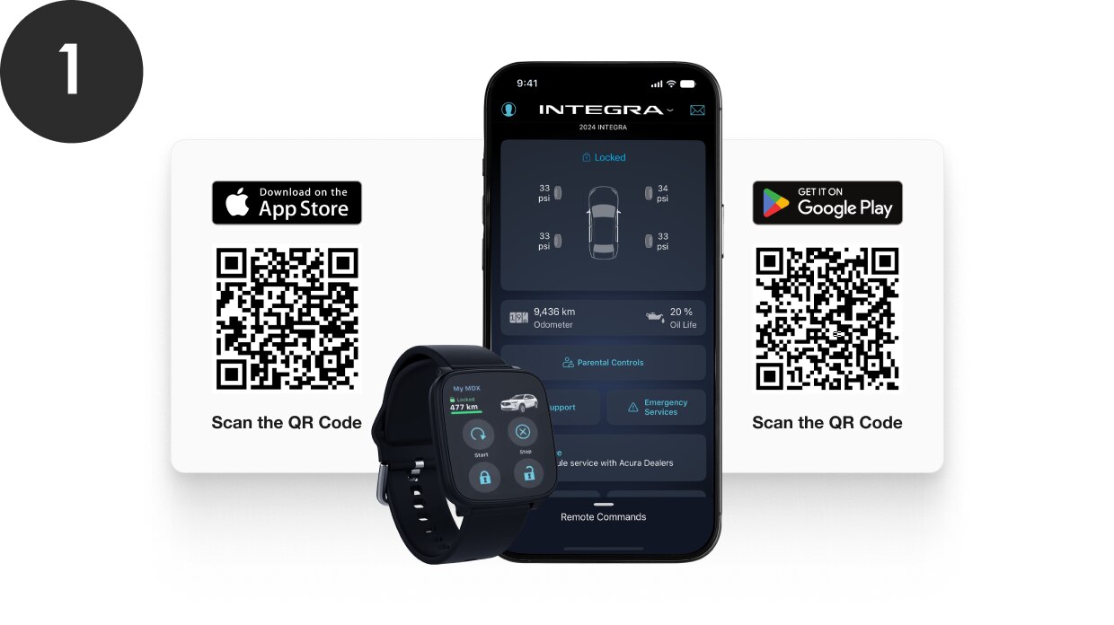 Smartphone and smartwatch depicting the AcuraLink app. 