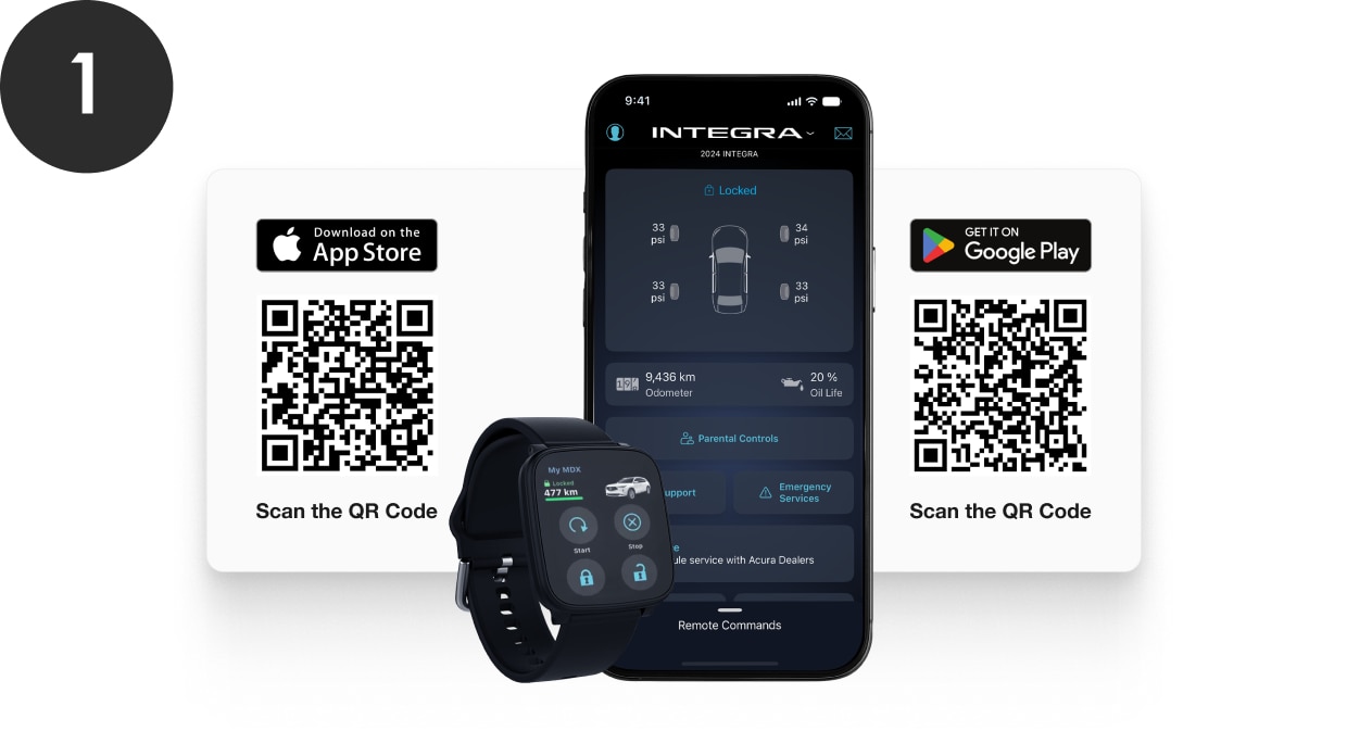 Smartphone and smartwatch depicting the AcuraLink app.