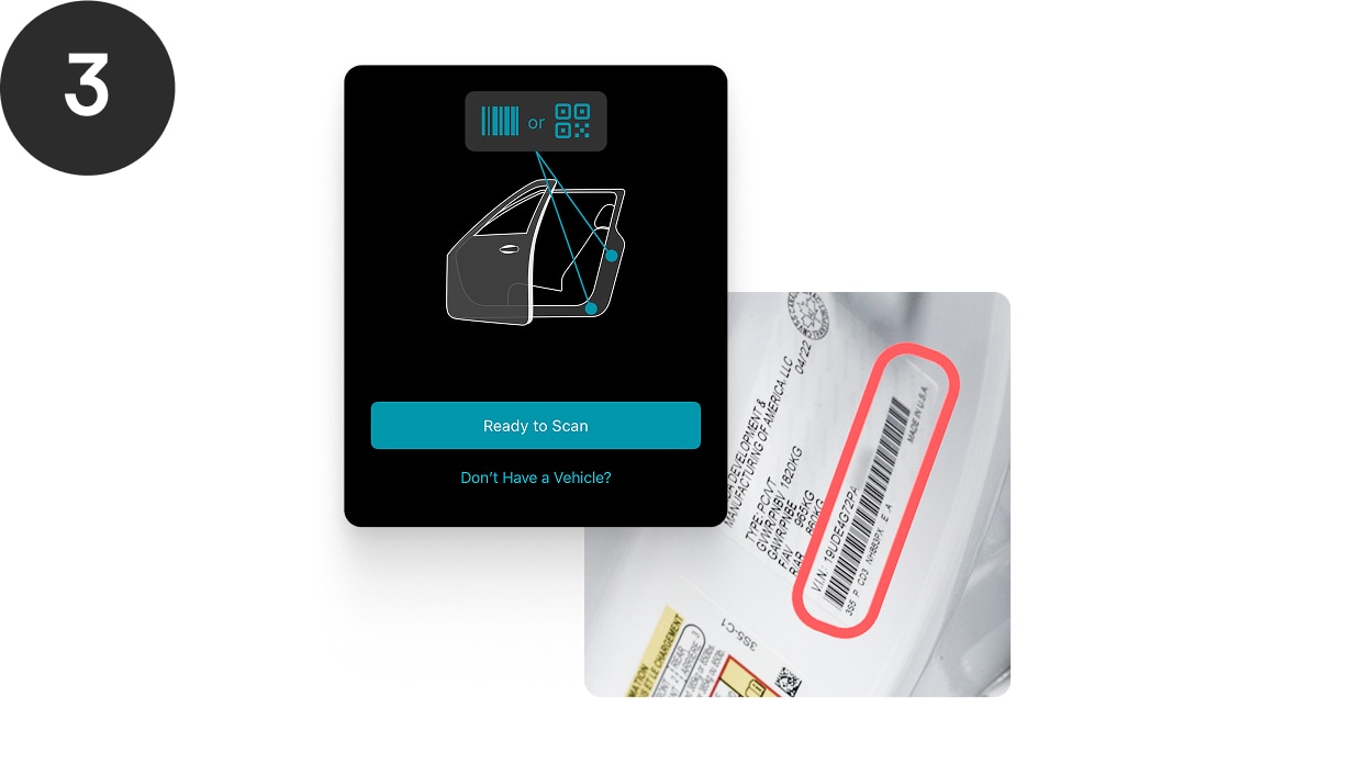 Capture d’écran de l’application AcuraLink superposée à l’image du numéro d’identification du véhicule (NIV) d’un véhicule Acura.