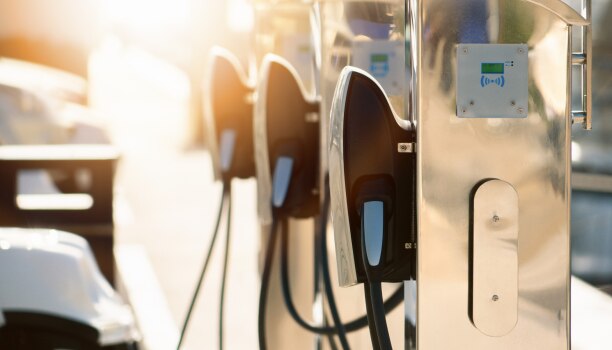 Closeup of a row of charging stations.