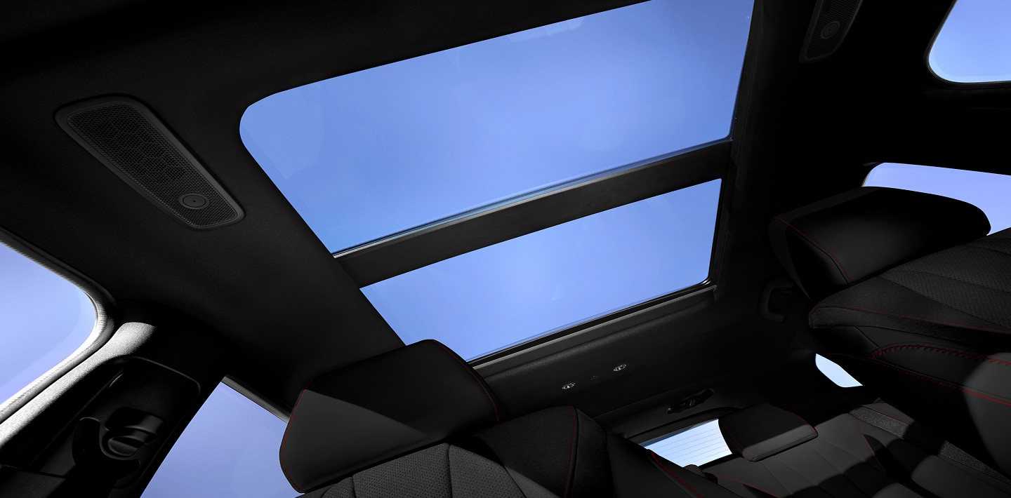 Interior shot looking out through a panaromaic moonroof