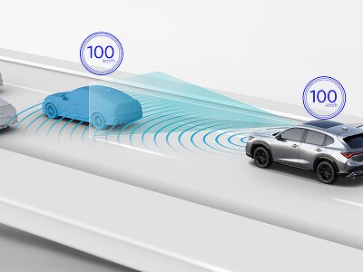 Image d’un véhicule sur la route avec des feux bleus émanant de l’avant indiquant la distance entre les véhicules. 