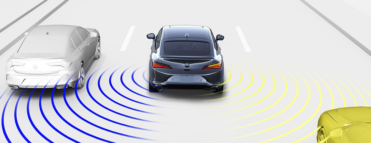 Illustration of rear exterior of 2023 Integra depicting AcuraWatch™ functions | Vue extérieure arrière de l’Integra 2023 montrant les fonctions AcuraWatch.