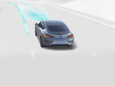 Digital rendering, where everything is white except for the Integra. Rear view of grey Integra taking a turn on a road. Blue sensor lines emit from the front, detecting the dashed lane line.