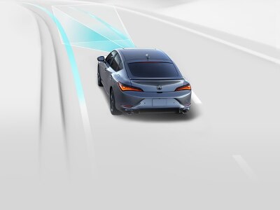 Digital rendering, where everything is white except for the Integra. Rear view of grey Integra taking a turn on a road. Blue sensor lines emit from the front, detecting the solid line on the edge of the road.