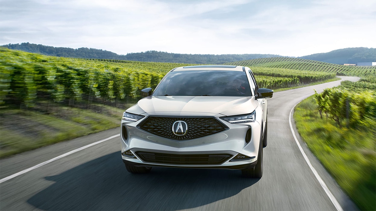 A grey Acura MDX driving down a country road, passing by rows of grapevines.