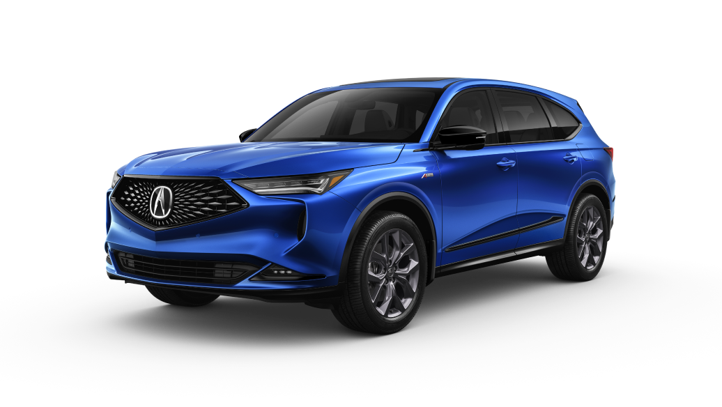 3/4 view of a blue 2023 MDX on a blank background / Vue 3/4 d’un MDX bleu sur fond vierge