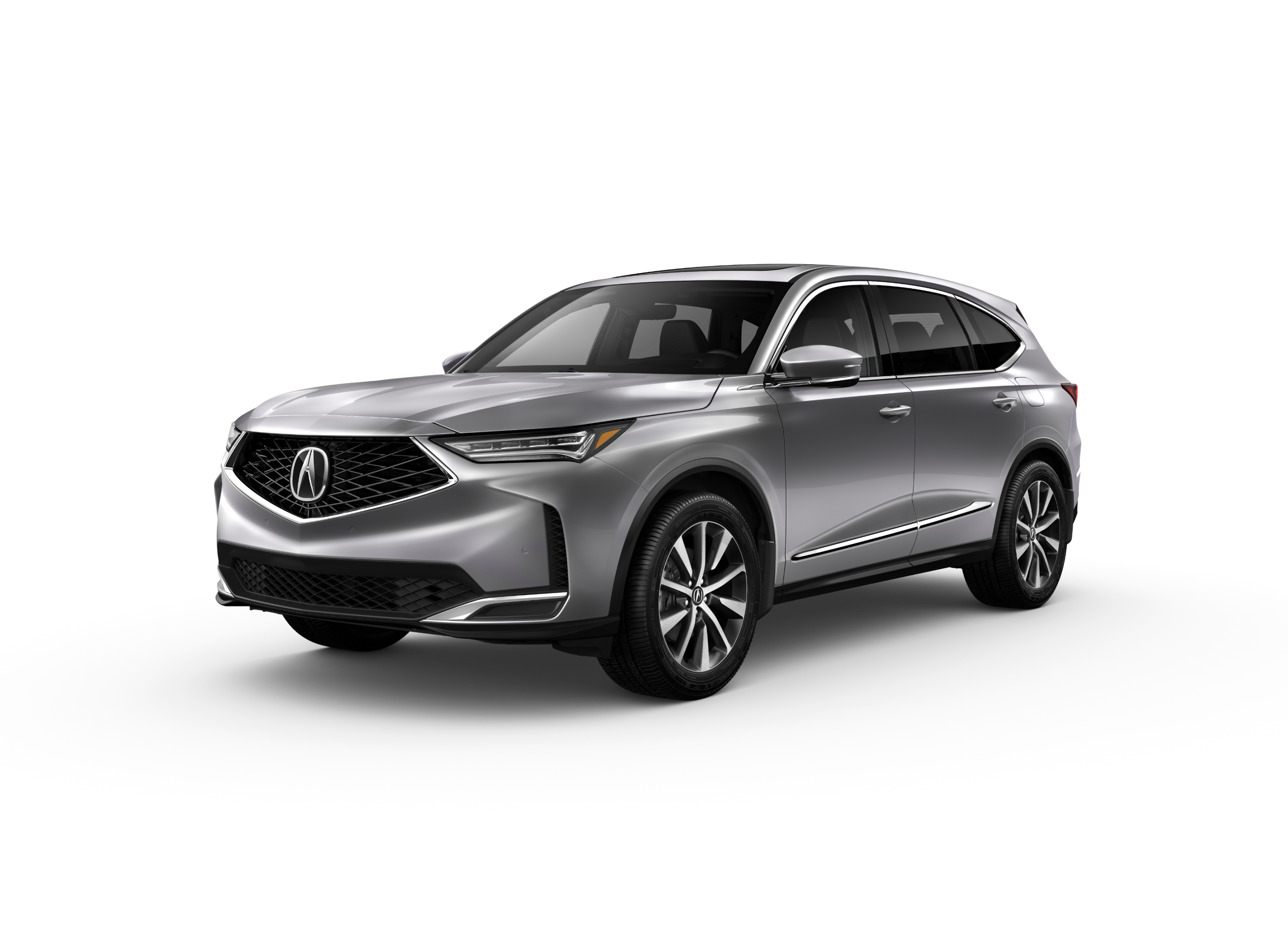 Vue ¾ avant côté conducteur du modèle MDX Tech 2026 en solaire argent métallisé