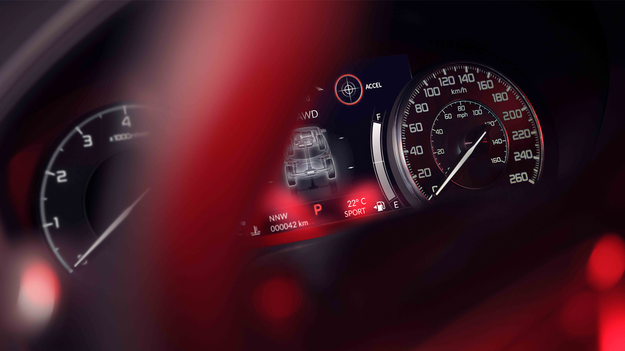 3/4 close up view of RDX speedometer and tachometer. 
