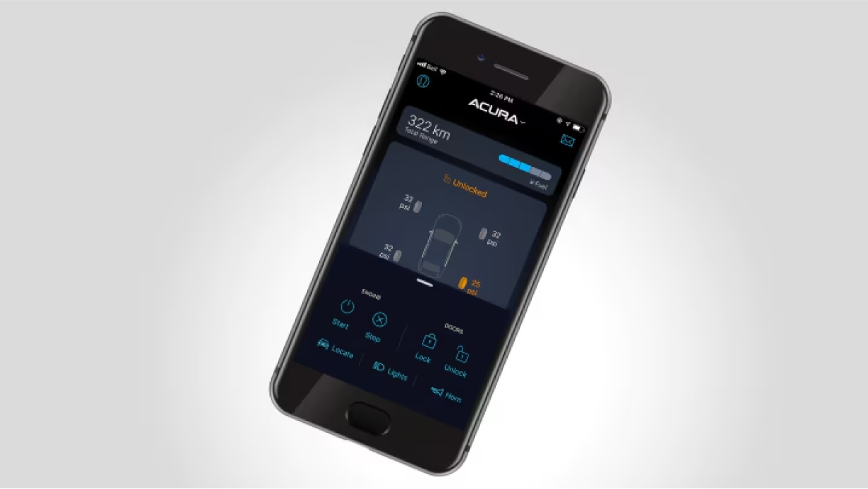 Smartphone with AcuraLink screen.