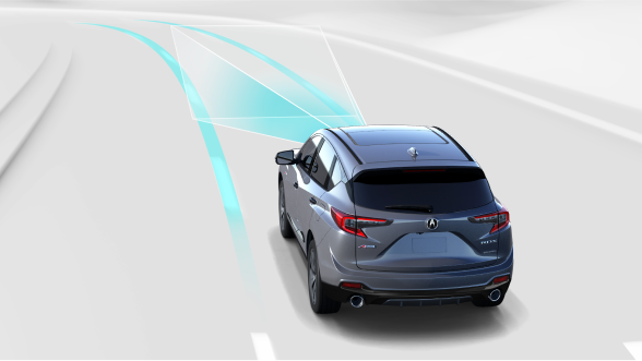 Digital rendering, where everything is white except for the RDX. Rear view of grey RDX taking a turn on a road. Blue sensor lines emit from the front, detecting the dashed lane line.