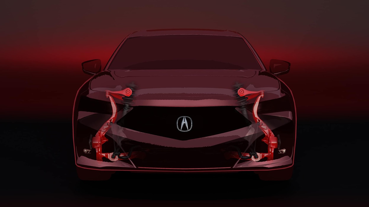 A translucent illustration of the TLX, featuring the suspension system on the front wheels.