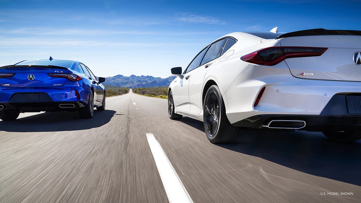 Rear view of a blue TLX and a white TLX driving beside each other towards a mountain range. 