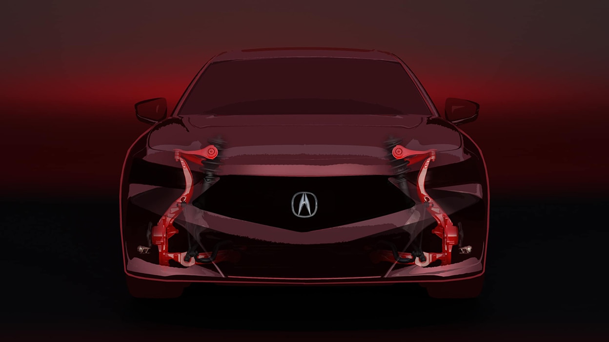 A translucent illustration of the Acura TLX, featuring the suspension system on the front wheels.