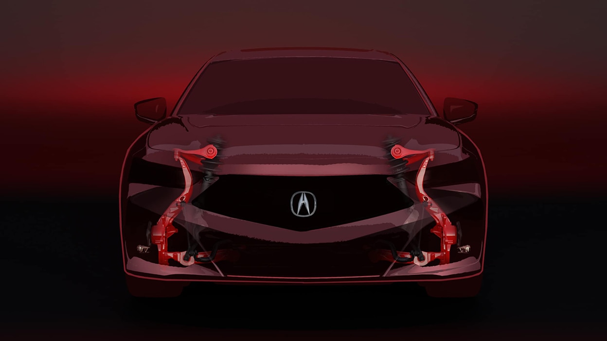 A translucent illustration of the Acura TLX, featuring the suspension system on the front wheels.