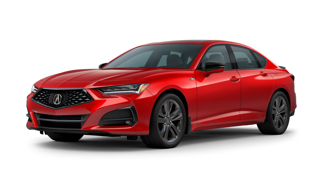 A red Acura TLX on a blank background. / TLX rouge sur fond vierge.