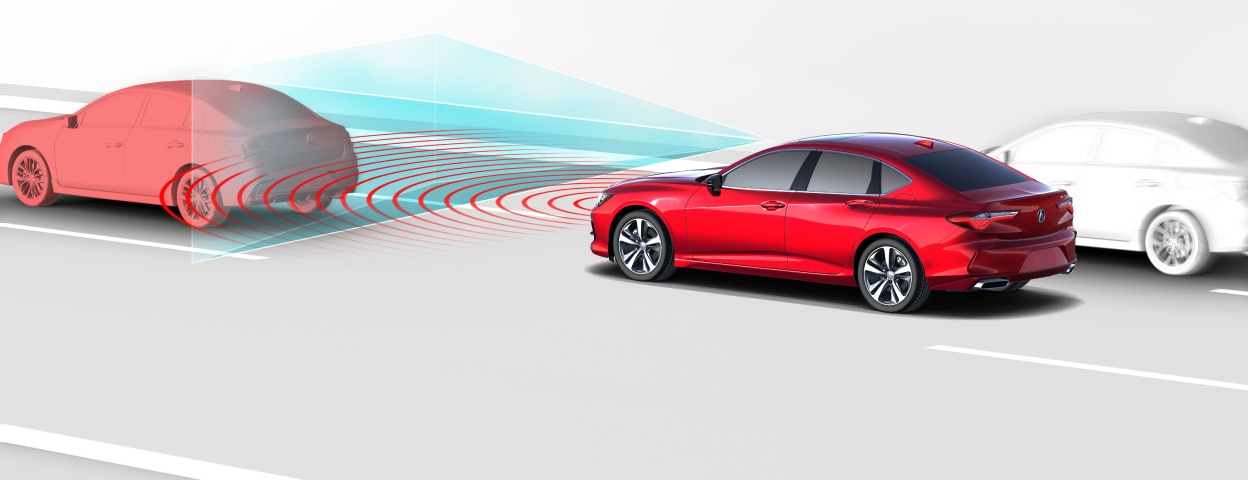 3/4 rear side view of red TLX in a digitally rendered road amid nondescript cars. Sensor lines and waves emit from the front, detecting the car in front.