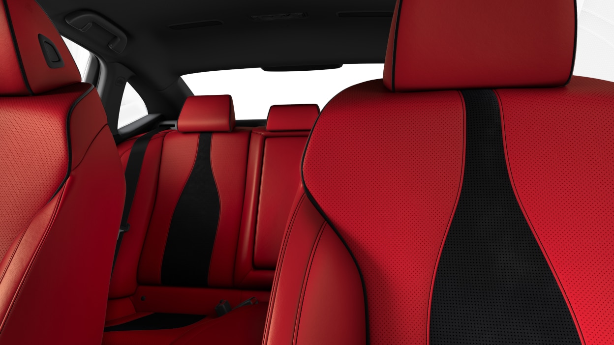 Closeup of red and black front seats.