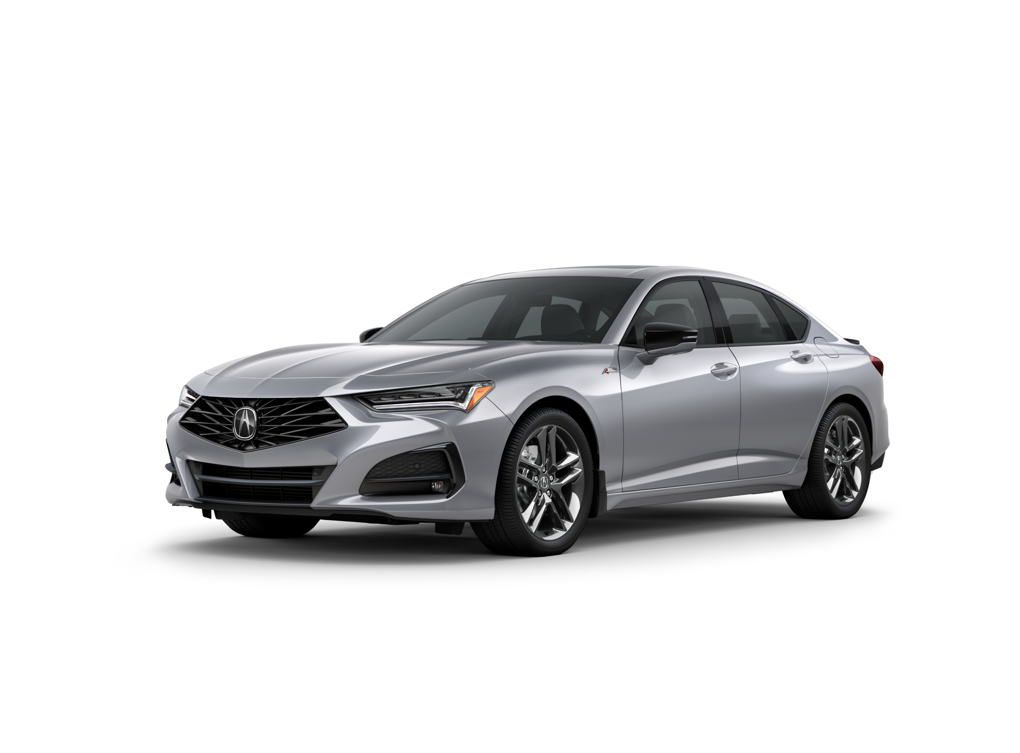 ¾ driver side front facing view of 2025 TLX A-SPEC model in Lunar Silver Metallic colour