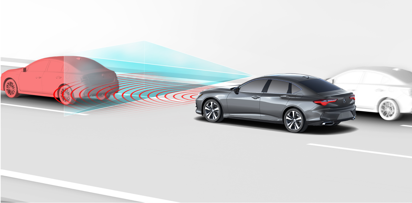 3/4 rear side view of grey TLX in a digitally rendered road amid nondescript cars. Sensor lines and waves emit from the front, detecting the car in front.