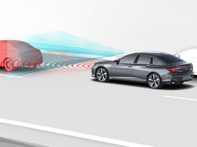 Digital rendering, where everything is white except for the TLX. 3/4 side rear view of grey TLX driving on road. Blue sensor lines and red waves emitting from the front, detect the car in front.