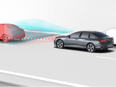 Digital rendering, where everything is white except for the TLX. 3/4 side rear view of grey TLX driving on road. Blue sensor lines and red waves emitting from the front detect the car in front.