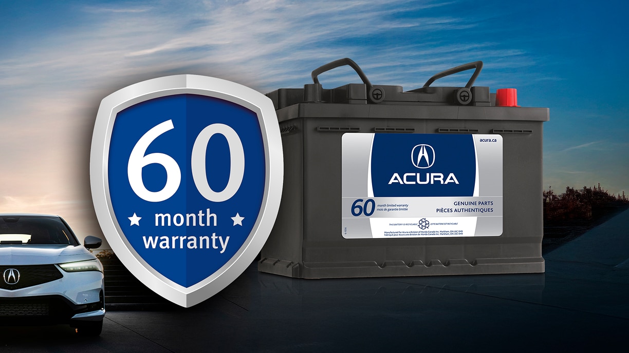 Acura battery beside a badge that reads 60-month warranty.