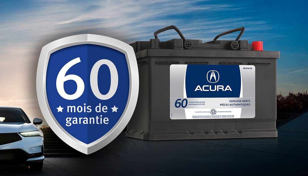 Une batterie Acura à côté d’un insigne indiquant une garantie de 60 mois. 