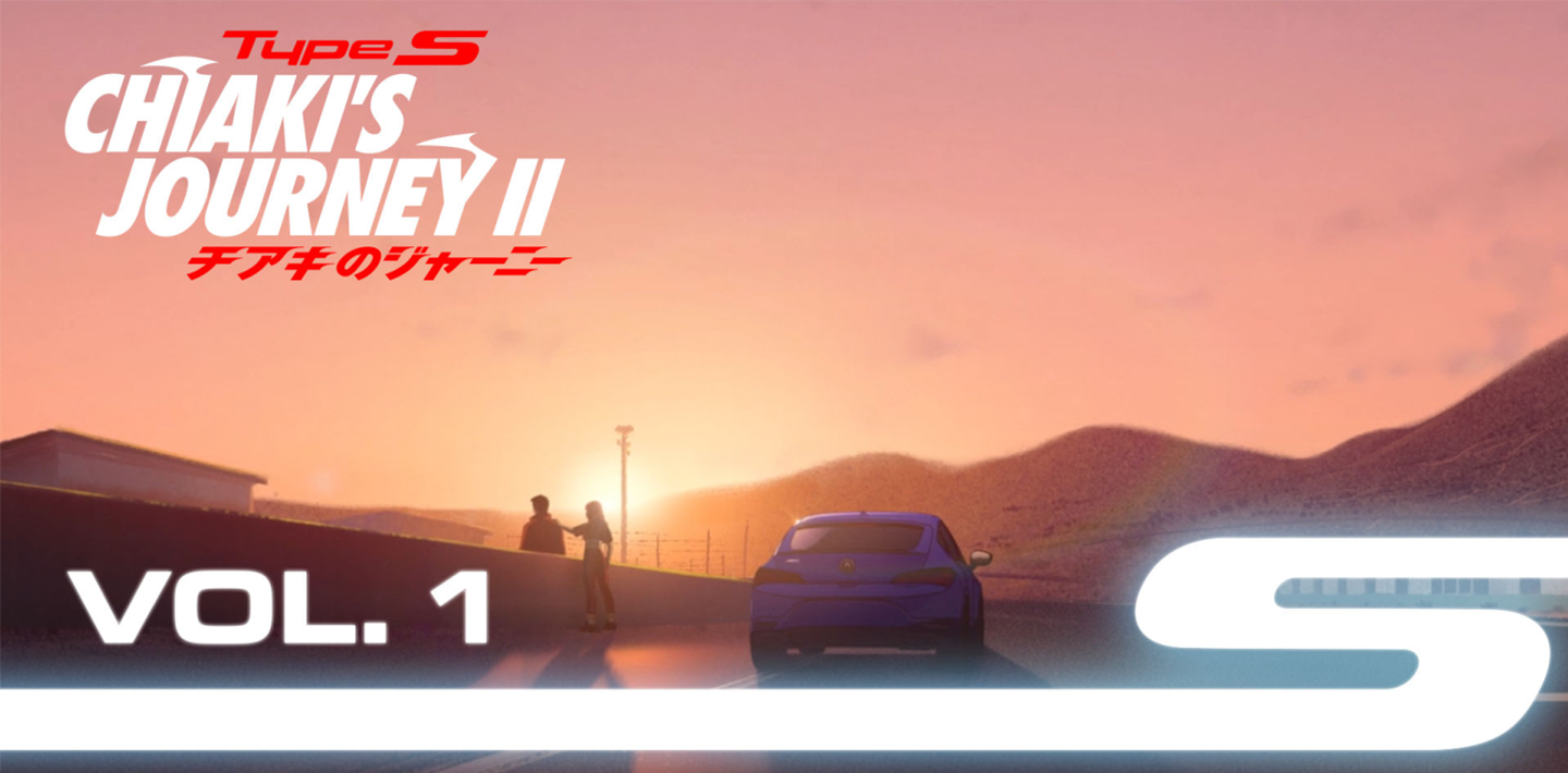 Extreme rear wide view, anime rendering of a blue TLX Type S parked on racetrack during sunset in front of a silhouette of a hill range. Standing next to it is the silhouette of Chiaki and Uncle Noboru.