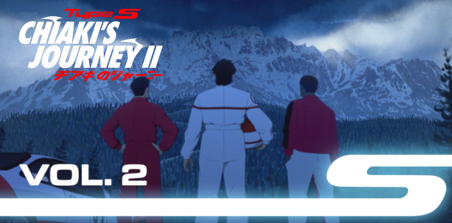 Rear wide view, anime rendering of Chiaki, Uncle Noboru, and another character looking at a snowy mountain range.