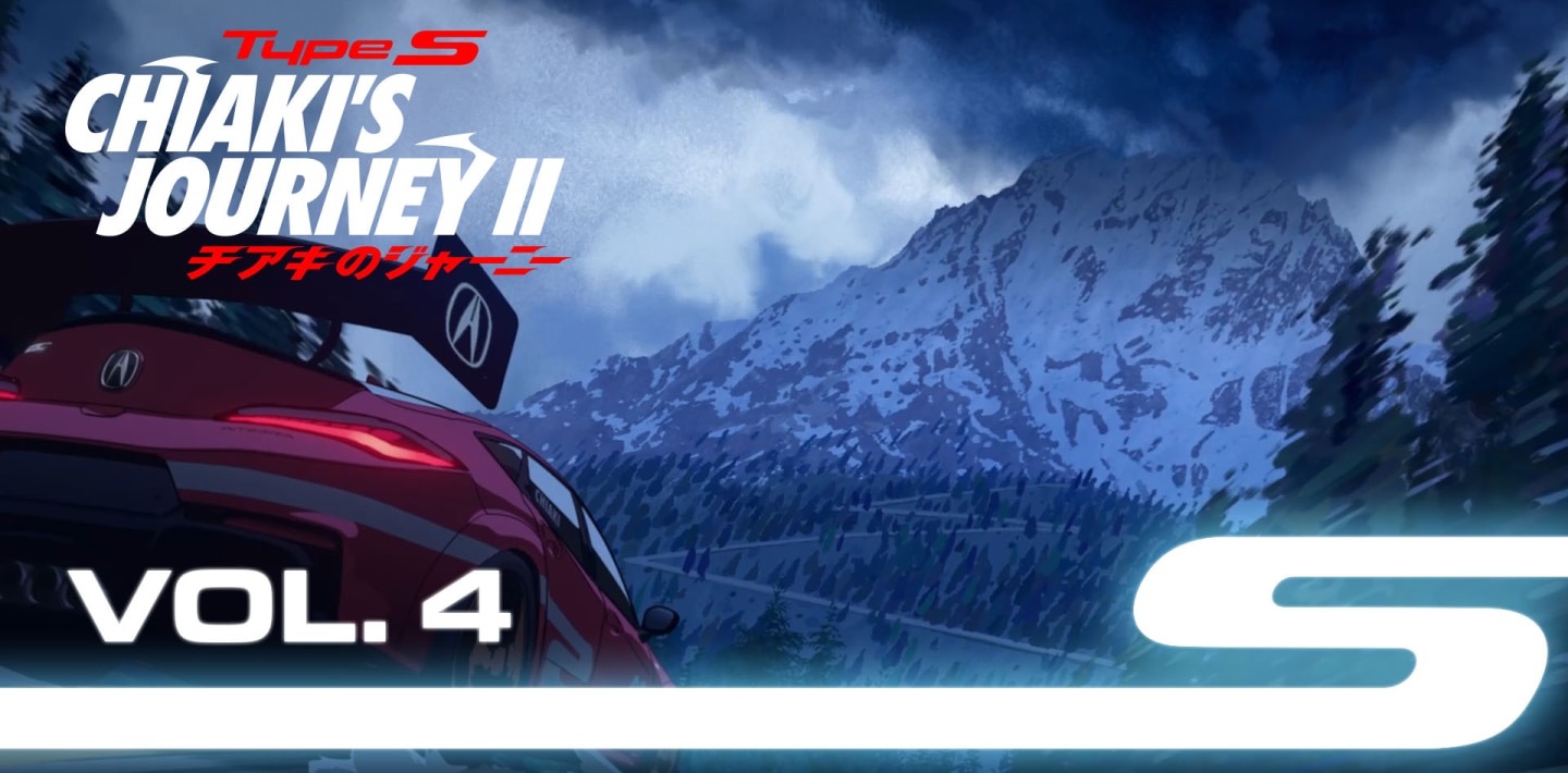 Wide view, anime rendering of a snowy mountain range. In the foreground, on the left, is a red Integra Type S.