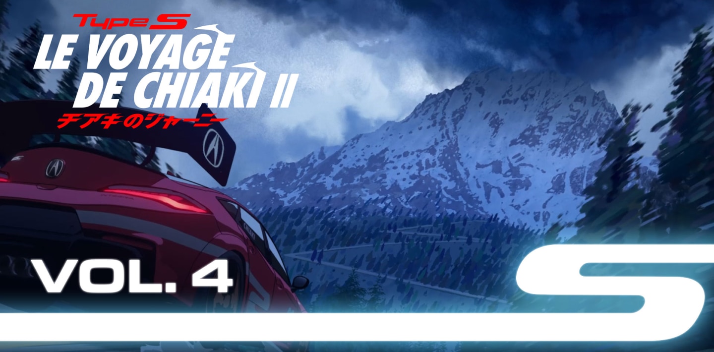 Vue large, image style animé d'une chaîne de montagnes enneigées. Au premier plan, à gauche, se trouve une Integra Type S rouge.