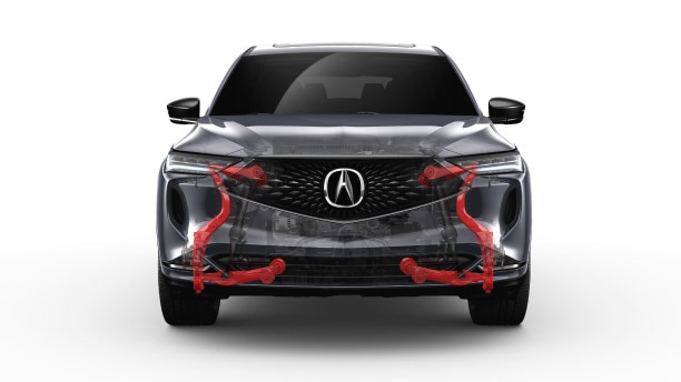 Front view of an MDX highlighting the Double Wishbone through the body. // Vue de face d'un MDX mettant en évidence le Double Wishbone à travers le corps.
