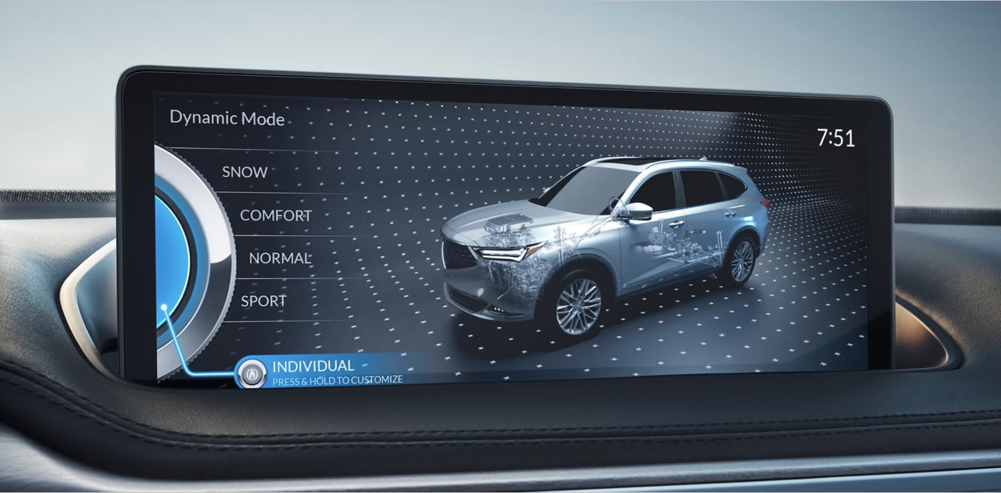Close-up of the navigation screen in an Acura MDX displaying the different drive modes available to the driver. The mode “INDIVIDUAL” is selected and highlighted blue. Gros plan de l’écran de navigation d’un Acura MDX affichant les différents modes de conduite offerts au conducteur. Le mode « INDIVIDUAL » est sélectionné et mis en évidence en bleu.