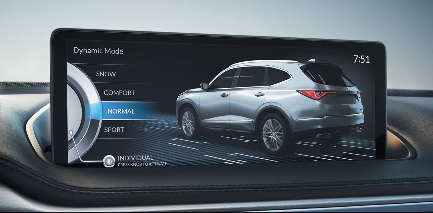 Close-up of the navigation screen in an Acura MDX displaying the different drive modes available to the driver. The mode “NORMAL” is selected and highlighted blue. 	Gros plan de l’écran de navigation d’un Acura MDX affichant les différents modes de conduite offerts au conducteur. Le mode « NORMAL » est sélectionné et mis en évidence en bleu.