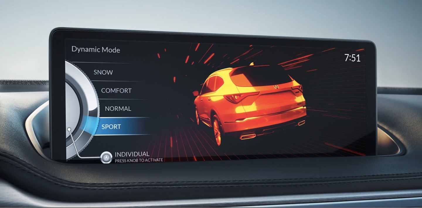 Close-up of the navigation screen in an Acura MDX displaying the different drive modes available to the driver. The mode “SPORT” is selected and highlighted blue. Gros plan de l’écran de navigation d’un Acura MDX affichant les différents modes de conduite offerts au conducteur. Le mode « SPORT » est sélectionné et mis en évidence en bleu.