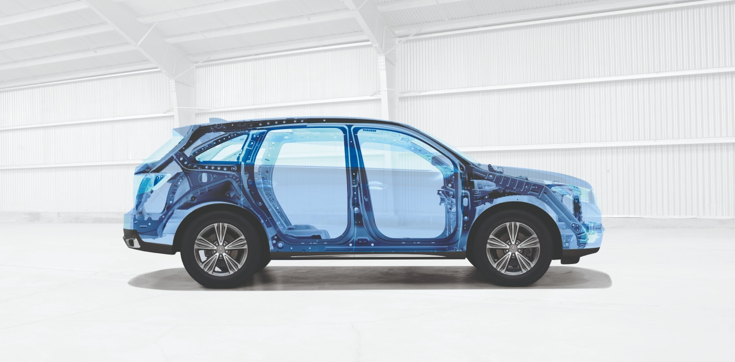 Le châssis d’un véhicule Acura bleu se dessine sur un fond blanc.