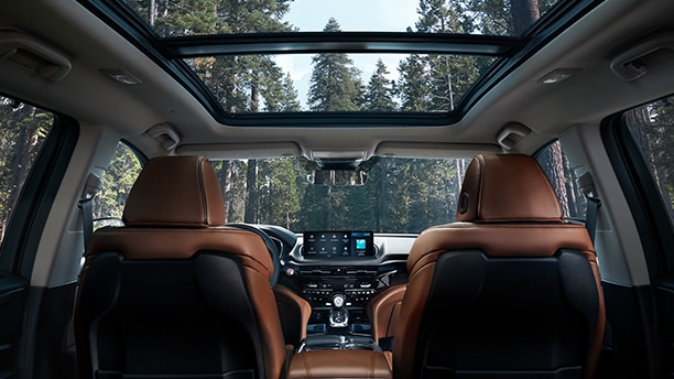 Interior cockpit of an Acura from the back passenger's point of view. The shot overlooks a forest setting with trees as seen through the front windshield and sunroof.