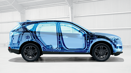 Side-view of a semi-transparent diagram of an Acura SUV showcasing internal car frame. // Vue latérale d’un schéma semi-transparent d’un VUS Acura présentant le châssis interne de la voiture.